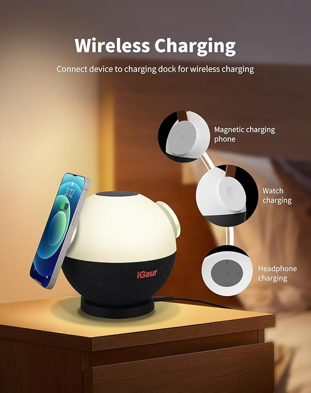 LED Night Light Beside Lamp: Music Table Lamp with Wireless Charger - 5 in 1 Touch Lamp Magnetic Wireless Phone Apple Watch Charger Birthday Gifts Friendship Lights with Base for Wife - LeafyLoom