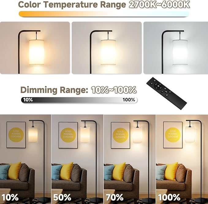 Floor Lamp for Living Room, 9W LED Bulb, Remote Custom Color Temperature & Brightness, Tall Standing Lamps for Bedroom Office Kid Room, Black - LeafyLoom