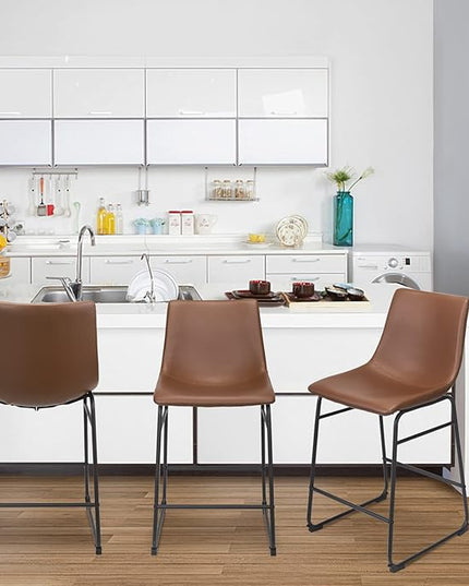 Bar Stools Set of 2, 26 Inches Bar Stool with Back, Carbon Fiber Bar Chair with Metal Legs (Brown) - LeafyLoom