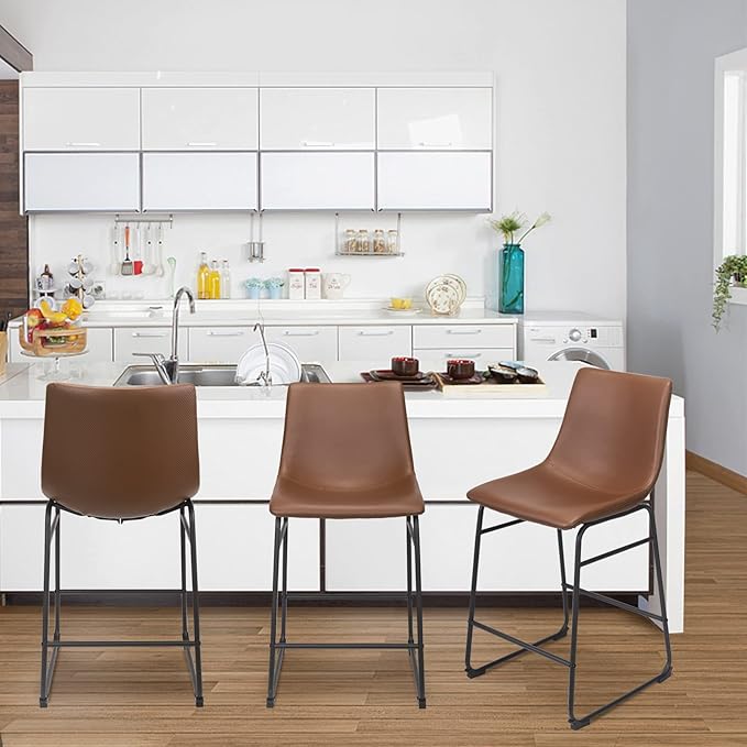 Bar Stools Set of 2, 26 Inches Bar Stool with Back, Carbon Fiber Bar Chair with Metal Legs (Brown) - LeafyLoom