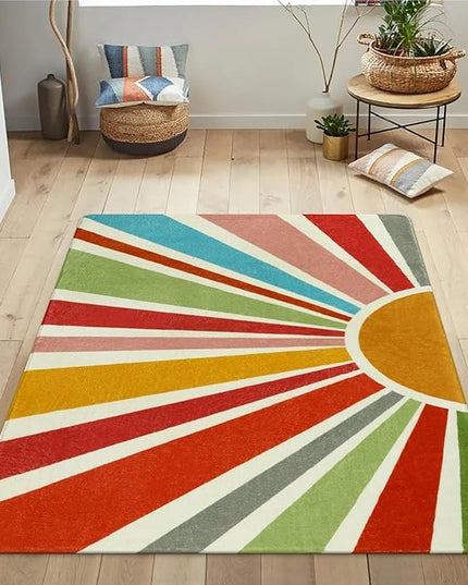 Boho Washable Rug 4'x6' Rug Kids Area Rug for Playroom, Non-Slip Kids Rug for Bedroom, Rainbow Modern Sun Carpet Soft Throw Sunshine Rug for Office Nursery Entryway Dorm - LeafyLoom