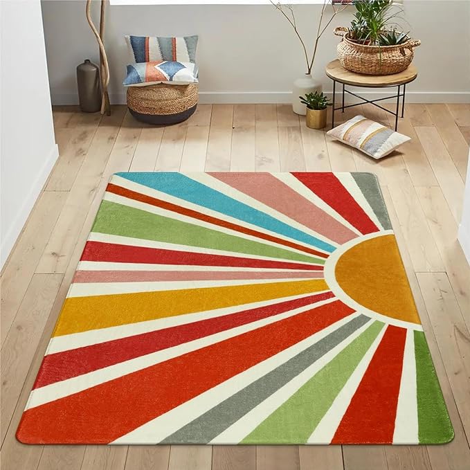 Boho Washable Rug 4'x6' Rug Kids Area Rug for Playroom, Non-Slip Kids Rug for Bedroom, Rainbow Modern Sun Carpet Soft Throw Sunshine Rug for Office Nursery Entryway Dorm - LeafyLoom