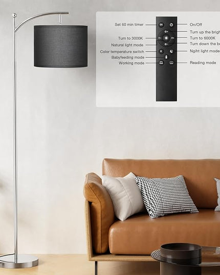 Ambimall Floor Lamp with Remote Control and Stepless Dimmable Bulb, Colors Temperature & Brightness Adjustable, Modern Floor Lamps for Living Room（Black Shade & Silver Pole） - LeafyLoom