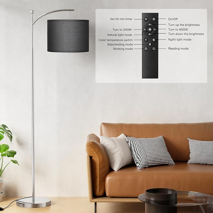 Ambimall Floor Lamp with Remote Control and Stepless Dimmable Bulb, Colors Temperature & Brightness Adjustable, Modern Floor Lamps for Living Room（Black Shade & Silver Pole） - LeafyLoom