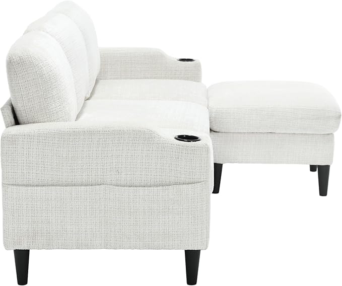 Convertible Sectional Sofa with Movable Storage Ottoman and Cupholders, 3 Seater L-Shaped Corner Couch,Chenille Upholstered Furniture w/Detachable Thicked Cushions for Living Room, Small Space - LeafyLoom