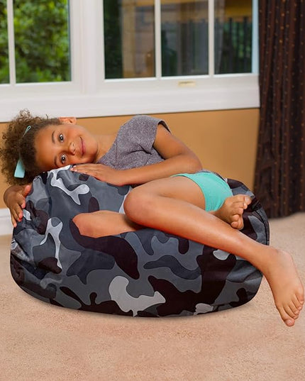 Posh Creations Bean Bag Chair for Kids, Teens, and Adults Includes Removable and Machine Washable Cover, Soft Nylon - Camo Dark and Black Gray, 27in - Medium - LeafyLoom