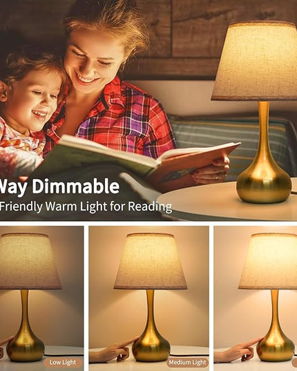 Touch Table Lamp for Bedroom, 3-Way Dimmable Gold Bedside Lamps for Nightstand with Fabric Shade, Desk Lamp for Kids Reading, Home Office - LeafyLoom