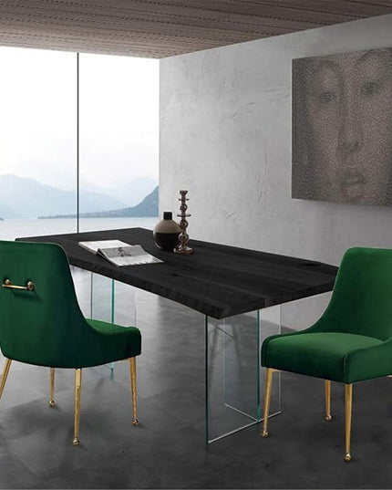 Meridian Furniture Owen Collection Modern | Contemporary Velvet Upholstered Dining Chair with Polished Gold Legs, Set of 2, 24" W x 21" D x 34.5" H, Green - LeafyLoom