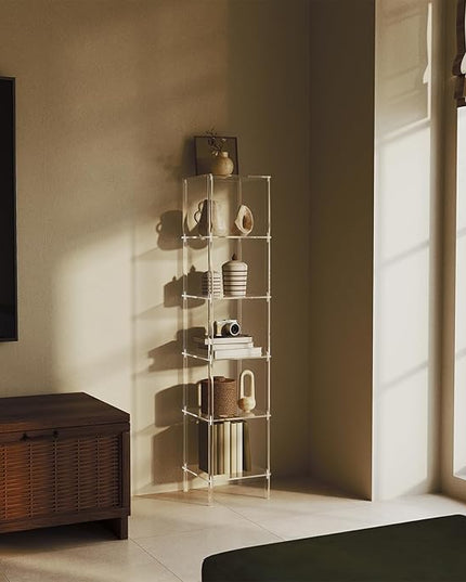 6 Tier Square Acrylic Bookshelf, Small Bookcase with Acrylic Fittings for Fixing to Wall, Corner Display Shelf for Living Room, Bedroom, Bathroom, Small Spaces, Clear, 11.6'' W x 53.9'' H - LeafyLoom