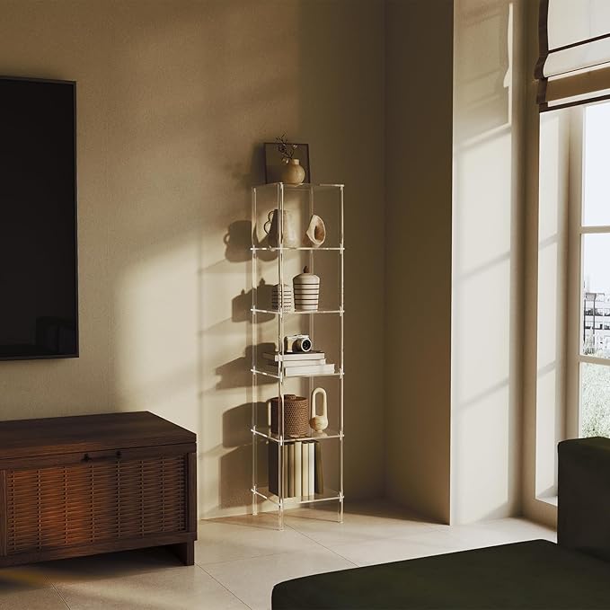 6 Tier Square Acrylic Bookshelf, Small Bookcase with Acrylic Fittings for Fixing to Wall, Corner Display Shelf for Living Room, Bedroom, Bathroom, Small Spaces, Clear, 11.6'' W x 53.9'' H - LeafyLoom