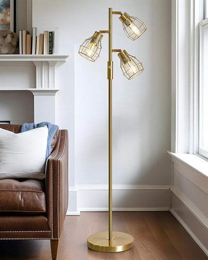 Oneach 64.25" Modern Floor Lamp for Living Room Gold Floor Lamp for Bedroom Clearance Farmhouse Home Office Tall Lamps for Bedroom with 3 Metal Lamp Head Adjustable（Bulbs Included） - LeafyLoom