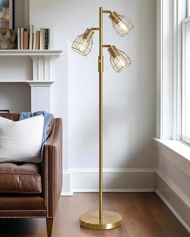 Oneach 64.25" Modern Floor Lamp for Living Room Gold Floor Lamp for Bedroom Clearance Farmhouse Home Office Tall Lamps for Bedroom with 3 Metal Lamp Head Adjustable（Bulbs Included） - LeafyLoom