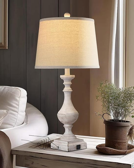 AKASUKI 27.5 Inch Farmhouse Table Lamps for Living Room Set of 2 with USB and Type-C Port, 3-Way Dimmable Table Lamps for Bedroom Vintage Rustic Bedside Lamps for bedrooms(2 Bulbs Included) - LeafyLoom
