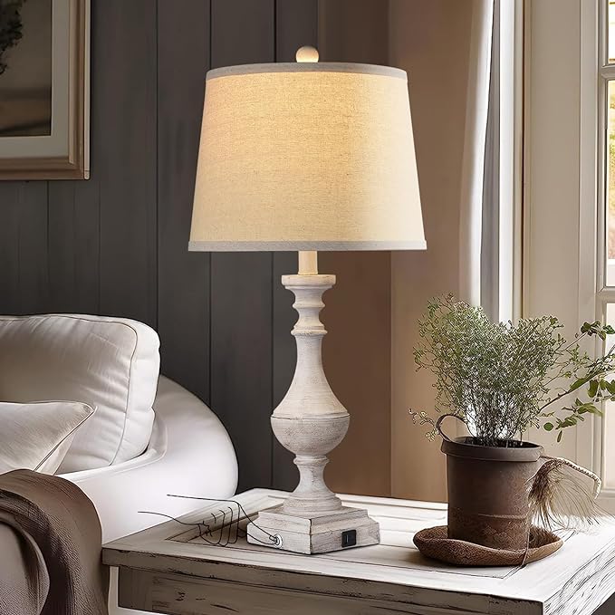 AKASUKI 27.5 Inch Farmhouse Table Lamps for Living Room Set of 2 with USB and Type-C Port, 3-Way Dimmable Table Lamps for Bedroom Vintage Rustic Bedside Lamps for bedrooms(2 Bulbs Included) - LeafyLoom