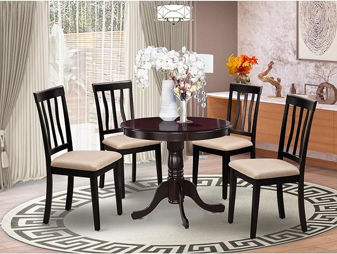 East West Furniture Antique 5 Piece Kitchen Set Includes a Round Room Table with Pedestal and 4 Linen Fabric Upholstered Dining Chairs, 36x36 Inch, ANTI5-CAP-C - LeafyLoom