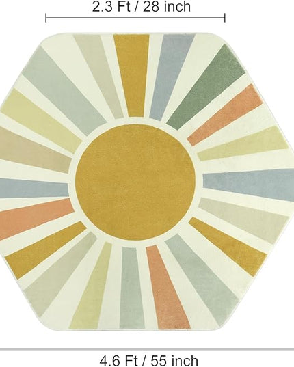 Boho Washable Rug for Kids Room Playroom, 4'x 4'7" Colorful Sun Nursery Rug for Girls Boys, Ultra Soft Non-Slip Sunshine Carpet Small Play Rug for Classroom Reading Corner Dorm - LeafyLoom