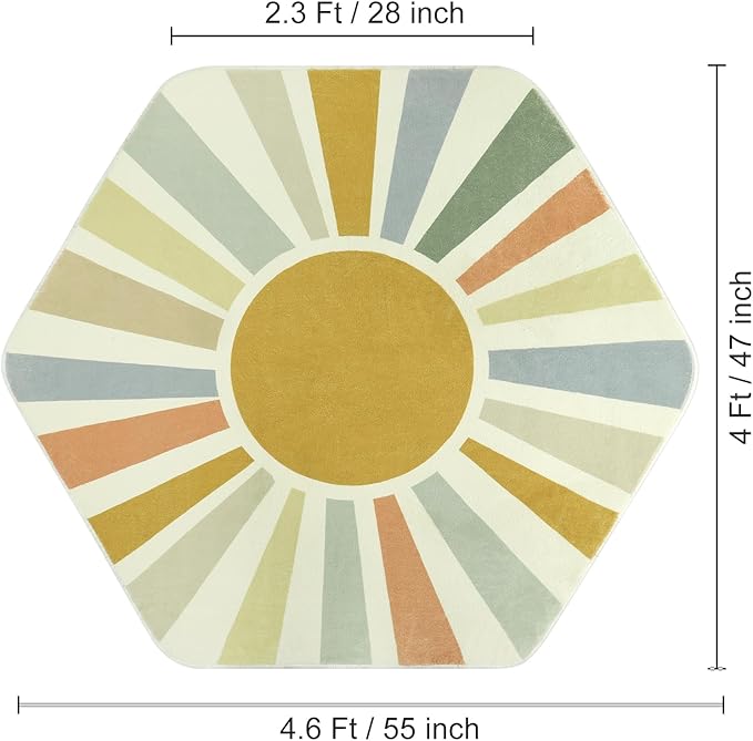 Boho Washable Rug for Kids Room Playroom, 4'x 4'7" Colorful Sun Nursery Rug for Girls Boys, Ultra Soft Non-Slip Sunshine Carpet Small Play Rug for Classroom Reading Corner Dorm - LeafyLoom