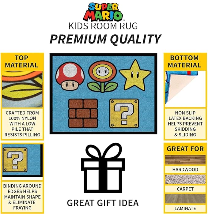 Franco Super Mario Kids Room Non Slip Area Rug, 69 in x 52 in, (Official Licensed Product) - LeafyLoom