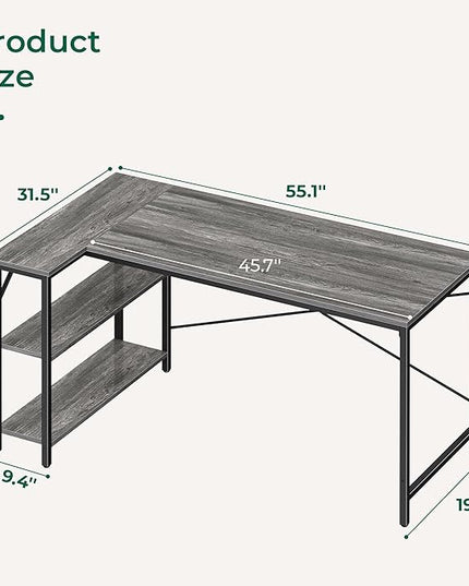 L Shaped Desk, 55 Inches Computer Desk with Reversible Storage Shelves, Gaming Desk, Corner Desk Home Office Desks, Writing Desk Study Desk with Metal Frame, Gray - LeafyLoom