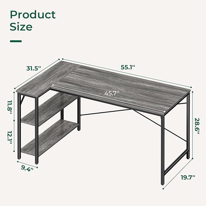 L Shaped Desk, 55 Inches Computer Desk with Reversible Storage Shelves, Gaming Desk, Corner Desk Home Office Desks, Writing Desk Study Desk with Metal Frame, Gray - LeafyLoom