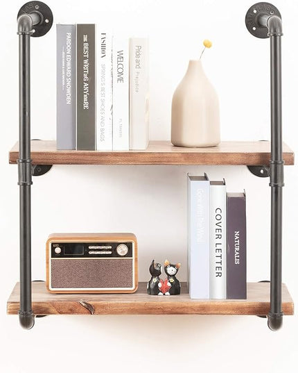 Industrial Wall Mounted Pipe Shelving,Rustic Metal Floating Shelves,Steampunk Real Wood Bookcases,DIY Bookshelf Hanging Shelves,Farmhouse Kitchen Bar Office Home Storage (3-Tier with 2 Boards,24in) - LeafyLoom