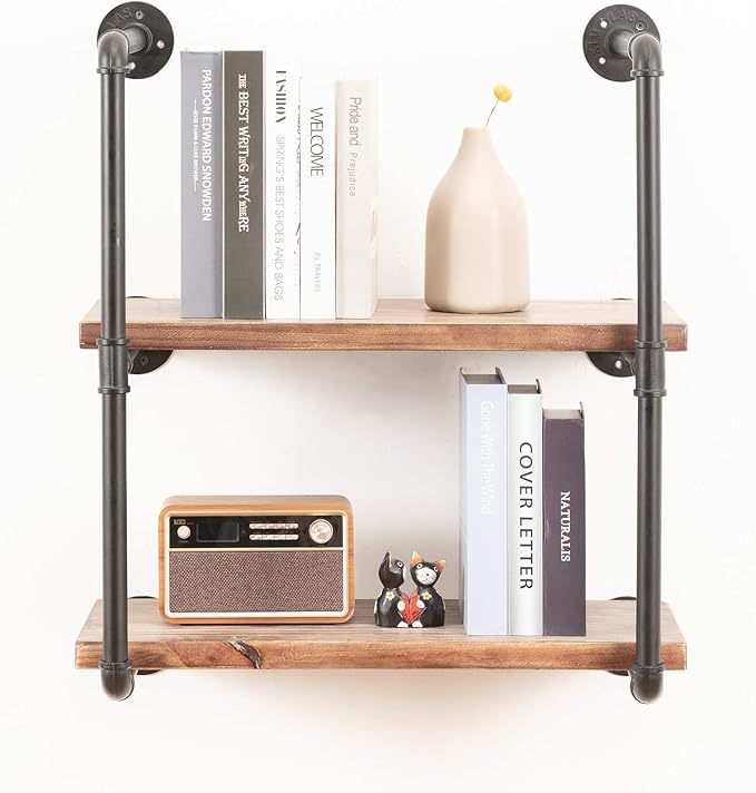 Industrial Wall Mounted Pipe Shelving,Rustic Metal Floating Shelves,Steampunk Real Wood Bookcases,DIY Bookshelf Hanging Shelves,Farmhouse Kitchen Bar Office Home Storage (3-Tier with 2 Boards,24in) - LeafyLoom