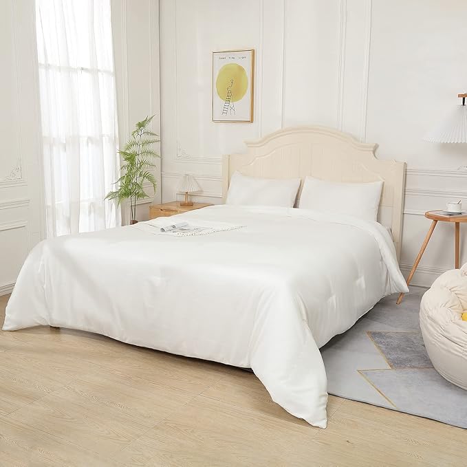 White Comforter Twin Size, Aesthetic Modern Bedding Set for Girls/Women, Cute Soft & Lightweight Chic Microfiber Bed Sets, 2pc- 1 Comforter & 1 Pillowcase (66x90 Inches) - LeafyLoom