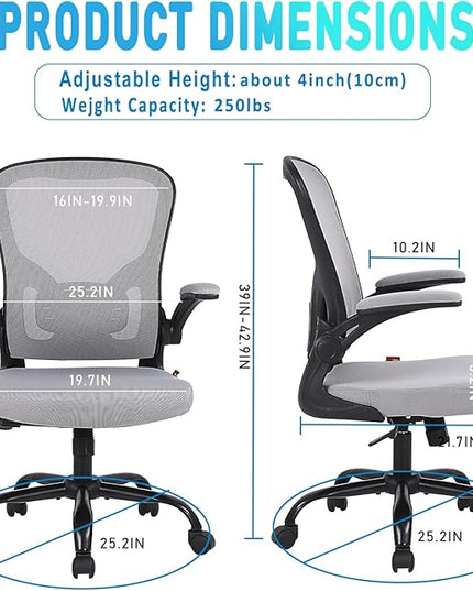 Ergonomic Office Desk Chair Breathable Mesh Swivel Computer Chair, Lumbar Back Support Task Chair, Grey Office Chairs with Flip-up Arms, Adjustable Height Executive Rolling Chair - LeafyLoom