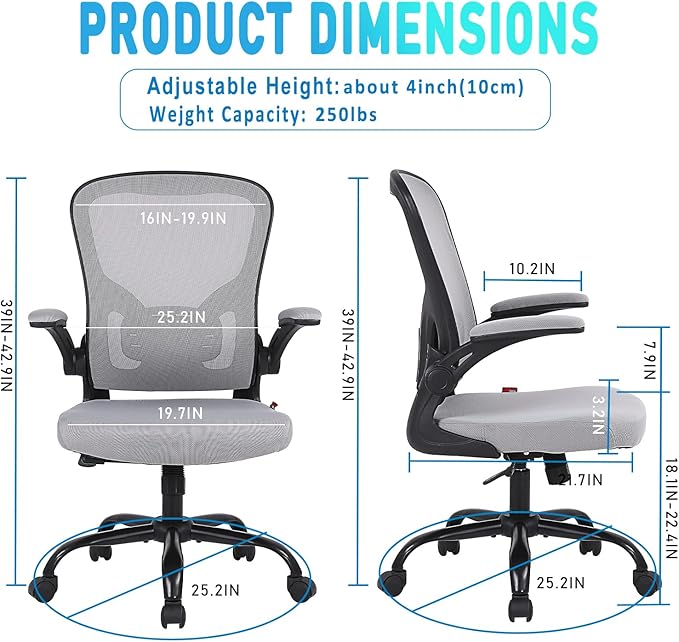Ergonomic Office Desk Chair Breathable Mesh Swivel Computer Chair, Lumbar Back Support Task Chair, Grey Office Chairs with Flip-up Arms, Adjustable Height Executive Rolling Chair - LeafyLoom