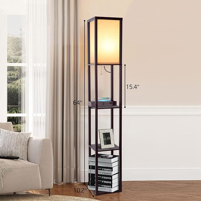 Floor Lamp with Wireless Charger, Modern Shelves Floor Lamp with USB A+C Ports & 2 AC Outlets,3 Color Temperature Corner Floor Lamps for Living Room Bedroom Office - LeafyLoom