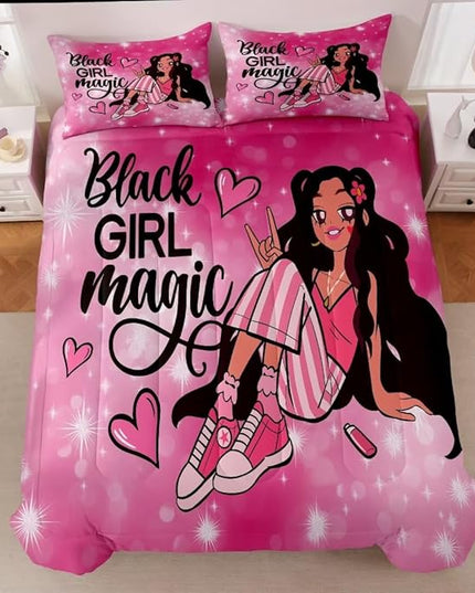 Black Girl Comforter Set Twin for Kids,Black Girl Magic Bedding Set,Cuet Black Princess Girl Comforter Black Queen Melanin Bedroom Bed Set - LeafyLoom