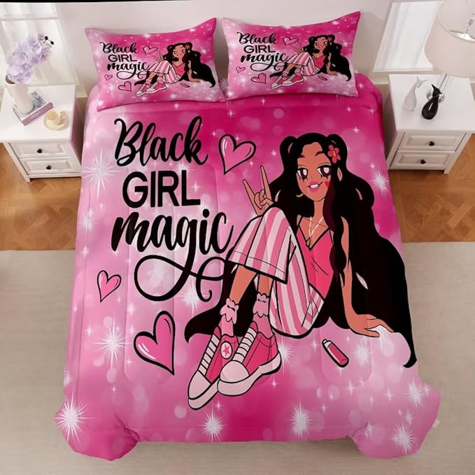 Black Girl Comforter Set Full for Kids,Black Girl Magic Bedding Set,Cuet Black Princess Girl Comforter Black Queen Melanin Bedroom Bed Set - LeafyLoom
