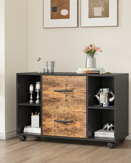 sogesfurniture Mobile Lateral Filing Cabinet with 2 Drawers,Lateral Office Cabinet Printer Stand, Multifunctional Storage Cabinet with Open Shelves and Castors for Home & Office (Brown) - LeafyLoom