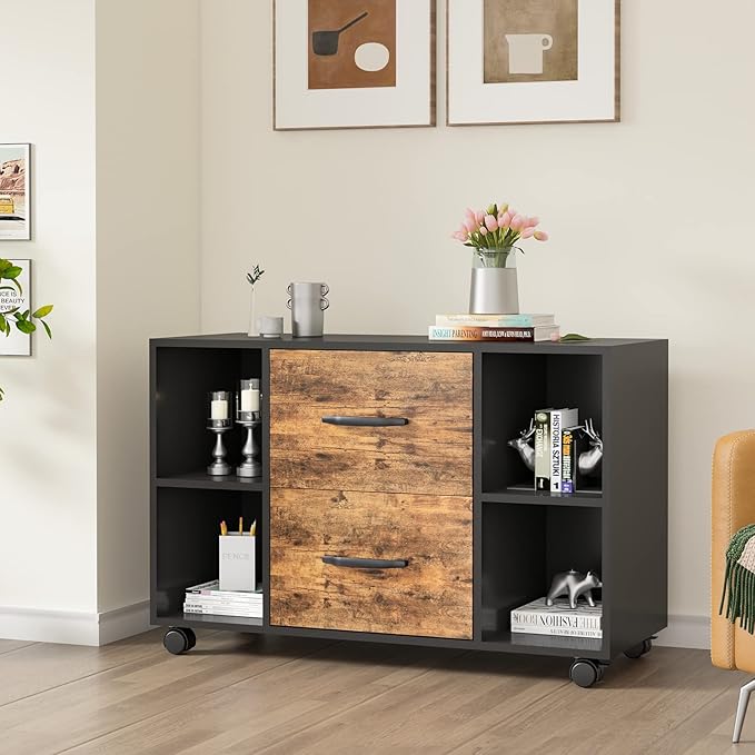 sogesfurniture Mobile Lateral Filing Cabinet with 2 Drawers,Lateral Office Cabinet Printer Stand, Multifunctional Storage Cabinet with Open Shelves and Castors for Home & Office (Brown) - LeafyLoom