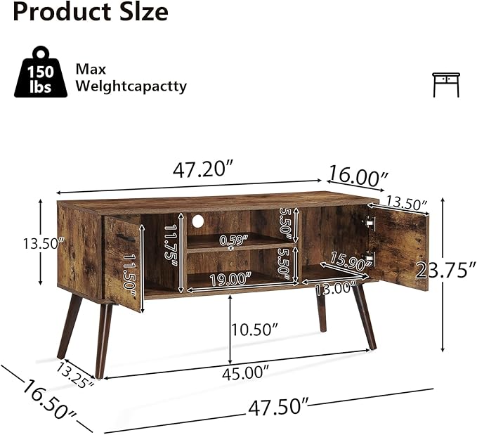 Stand for 35 55 inch Television, Modern Mid Century TV Table, with Adjustable Shelf Entertainment Center, and Two Storage Cabinets, for Living Rooms, Bedrooms, Old Pine - LeafyLoom