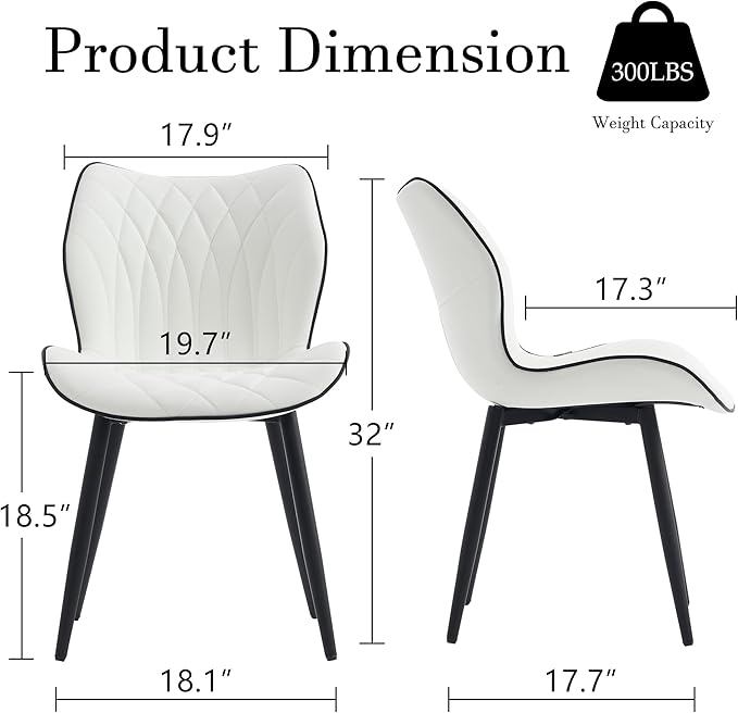 YOUNIKE Dining Chairs Set of 2, Upholstered Faux Leather Dining Room Chairs, Modern Living Room Bedroom Side Chairs with Wide Curved Back and Adjustable Metal Legs, Kitchen Chairs White - LeafyLoom
