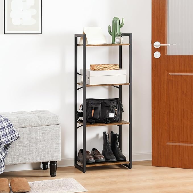 Yoobure Bookshelf, 4 Tier Book Shelf with Drawer, Small Bookcase Narrow Book Case, Industrial Bookshelves Shelf for Bedroom Living Room Office, Book Storage Organizer for CD/Movie Rustic Brown - LeafyLoom