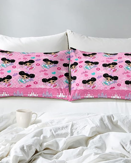 Black Girl Comforter Set, Pink Girls Queen Comforter Set 3 Piece Cute Pattern African American Black Girls Comforter Set Decor Kids Girls Teens Bedroom with 1 Comforter 2 Pillowcases - LeafyLoom