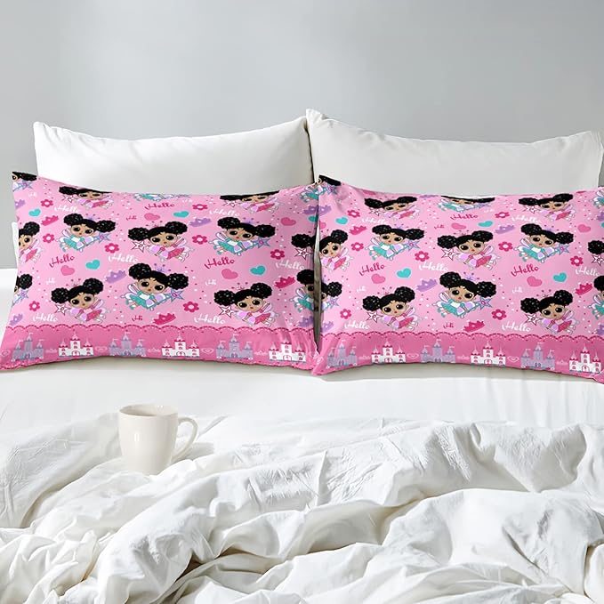 Black Girl Comforter Set, Pink Girls Queen Comforter Set 3 Piece Cute Pattern African American Black Girls Comforter Set Decor Kids Girls Teens Bedroom with 1 Comforter 2 Pillowcases - LeafyLoom