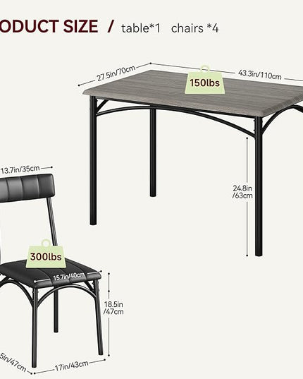 Kitchen Table and Chairs for 4, Dining Table Set for 4 with Upholstered Chairs, 5 Piece Rectangular Kitchen Table Set, Dining Room Table Set for Small Space, Apartment, Rustic Gray - LeafyLoom