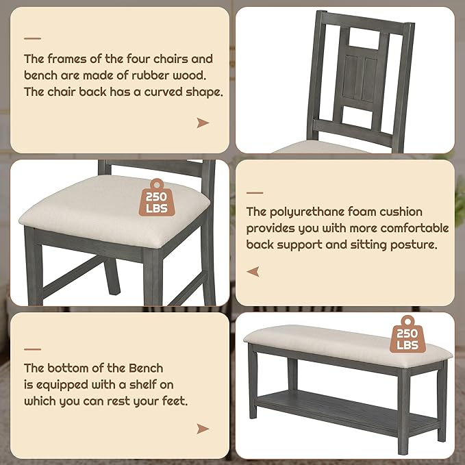 6-Piece Retro Dining Set, Minimalist Rectangular Table and 4 Upholstered Chairs & 1 Bench with a Shelf for Kitchen Living Room, Dark Gray, 60" L x 43" W x 30" H - LeafyLoom