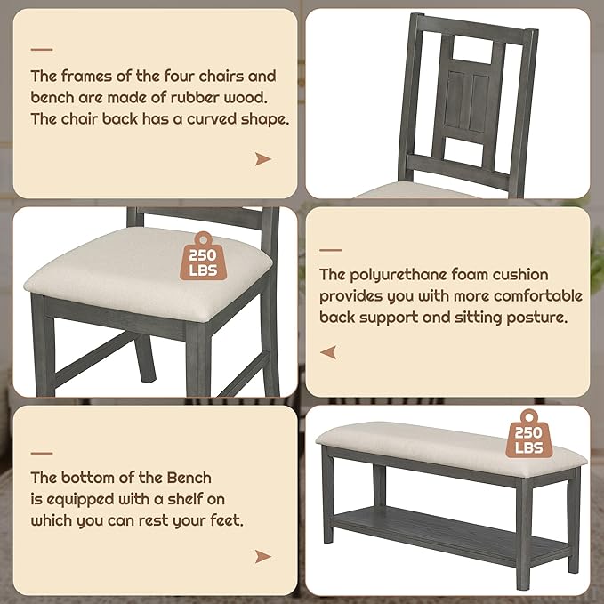 60 Inch Dining Table Set for 6, Minimalist Dining Table and 4 Upholstered Chairs & 1 Bench with a Shelf, Dining Room Table Set for Kitchen, Living Room, Grey - LeafyLoom