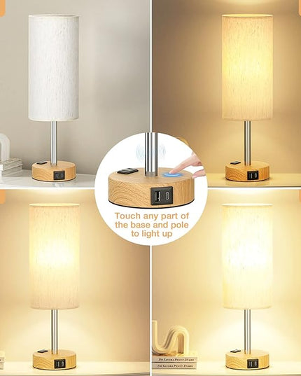 Bedside Table Lamp for Bedroom - 3 Way Dimmable Touch Lamp USB C Charging Ports and AC Outlet, Small Lamp Wood Base Round Flaxen Fabric Shade for Living Room, Desk, LED Bulb Included - LeafyLoom