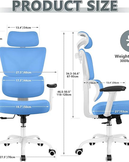 Office Chair Ergonomic Desk Chair, High Back Gaming Chair, Big and Tall Reclining chair Comfy Home Office Desk Chair Lumbar Support Breathable Mesh Computer Chair Adjustable Armrests(Sky Blue) - LeafyLoom