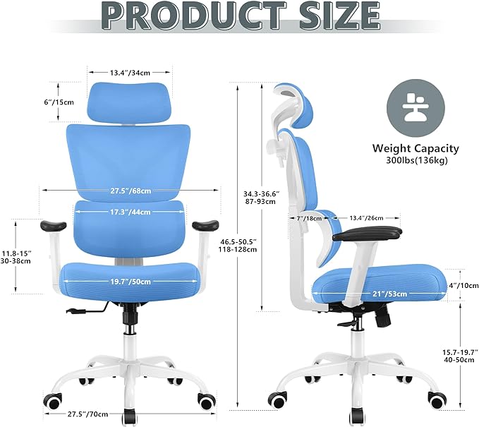 Office Chair Ergonomic Desk Chair, High Back Gaming Chair, Big and Tall Reclining chair Comfy Home Office Desk Chair Lumbar Support Breathable Mesh Computer Chair Adjustable Armrests(Sky Blue) - LeafyLoom