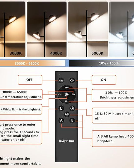 Modern LED Floor Lamp 20W, 2 Rotatable LED Light with Remote, Adjustable Color Temperature and Dimmable Features, Standing Lamp with Timing for Living Room, Bedroom, Office Black - LeafyLoom