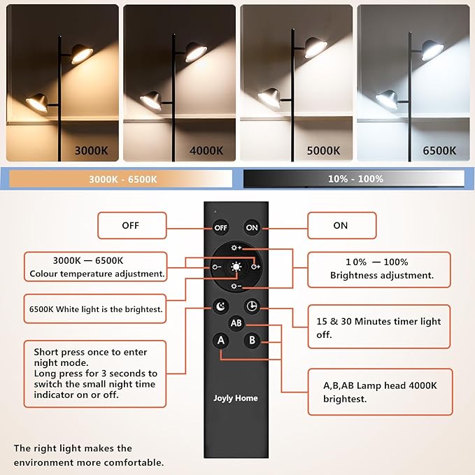 Modern LED Floor Lamp 20W, 2 Rotatable LED Light with Remote, Adjustable Color Temperature and Dimmable Features, Standing Lamp with Timing for Living Room, Bedroom, Office Black - LeafyLoom
