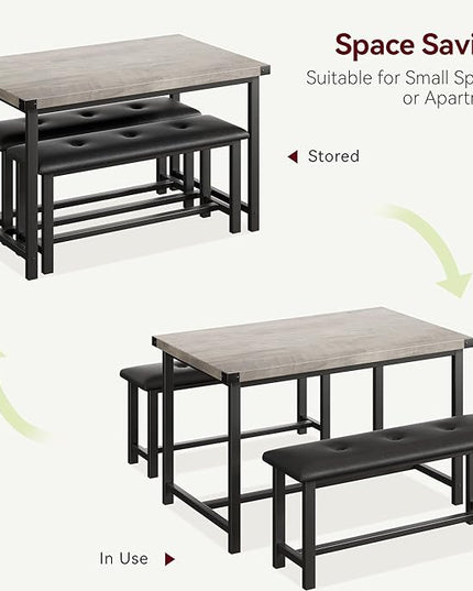 GAOMON Dining Table Set for 4, Kitchen Table with Benches, Rectangular Dining Room Table Set with 2 Upholstered Benches, 3 Piece Kitchen Table Set for Small Space, Apartment, Studio, Retro Grey - LeafyLoom