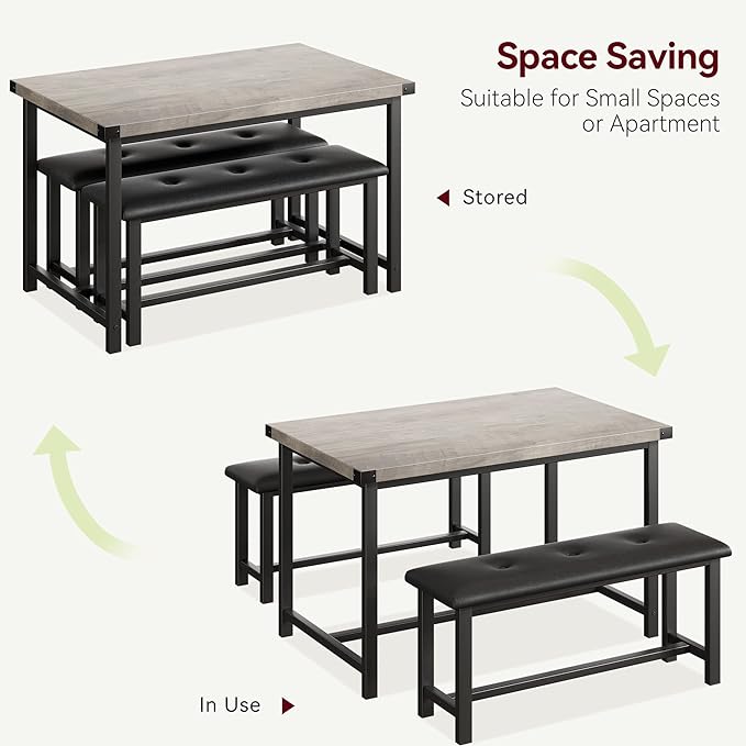 GAOMON Dining Table Set for 4, Kitchen Table with Benches, Rectangular Dining Room Table Set with 2 Upholstered Benches, 3 Piece Kitchen Table Set for Small Space, Apartment, Studio, Retro Grey - LeafyLoom