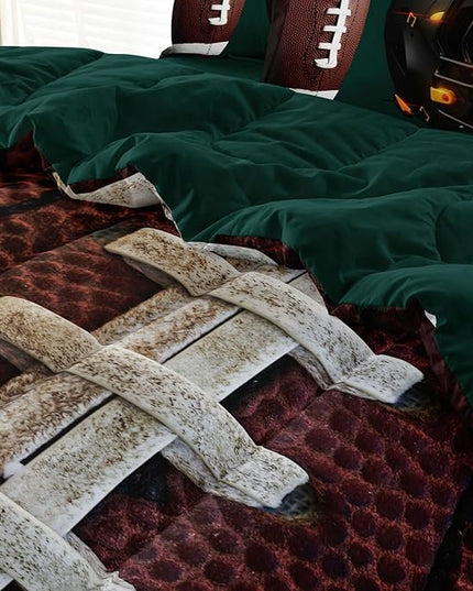 Teen Boy Football Bedding Set Twin Size, 4 Pieces American Football Comforter Set Twin, Kids Sports Bedding Bed in a Bag Set, Green Brown - LeafyLoom